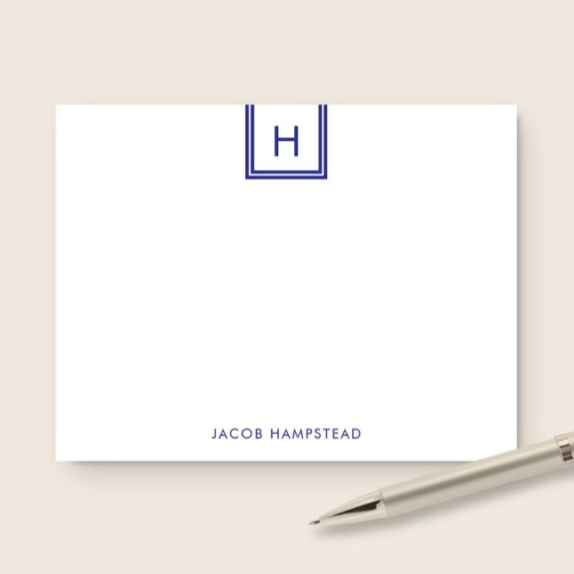 Monogram Box Minimalist Navy Blue Stationery Note Card (Creator Uploaded)