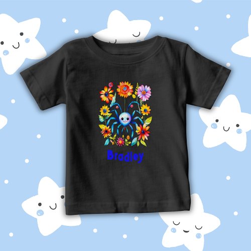 Monogram Boy Name _ Cute spider in blue  Baby T_Shirt