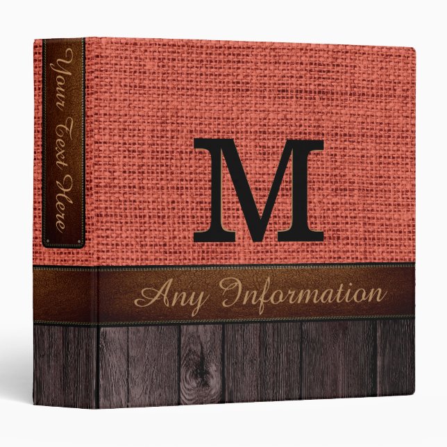 Monogram Brick Red Burlap Rustic Jute Look Wood 3 Ring Binder (Front/Spine)
