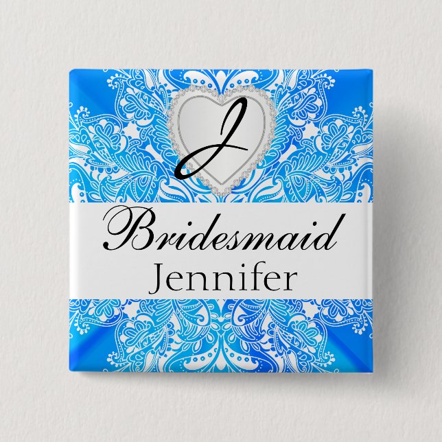 Monogram Bridal Party Blue Satin Design Pinback Button (Front)