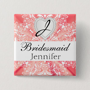 Monogram Bridal Party Coral Satin Design Pinback Button