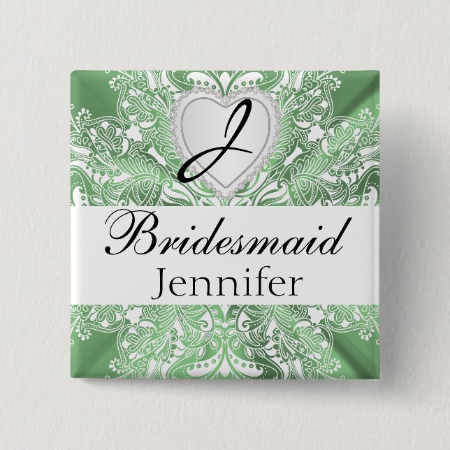 Monogram Bridal Party Mint Green Satin Design Button (Front)