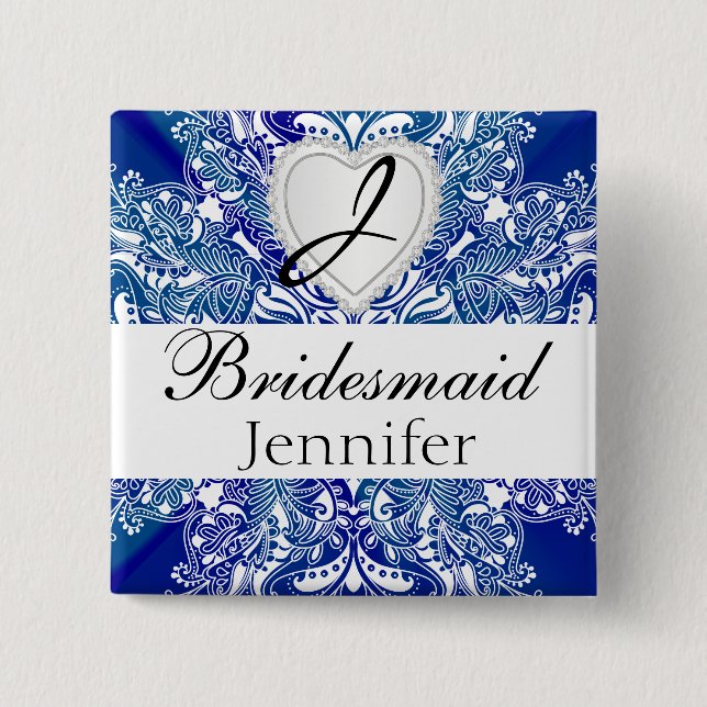 Monogram Bridal Party Royal Blue Satin Design Pinback Button (Front)
