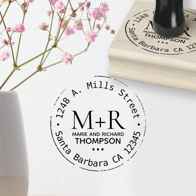 monogram, bride groom names, surname with address rubber stamp (Creator Uploaded)