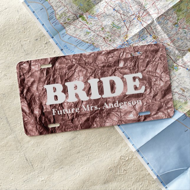 Monogram Bride Rose gold paper texture License Plate (In Situ)