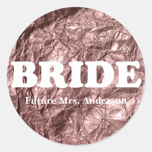 Monogram Bride Rose gold paper texture metallic Classic Round Sticker (Front)