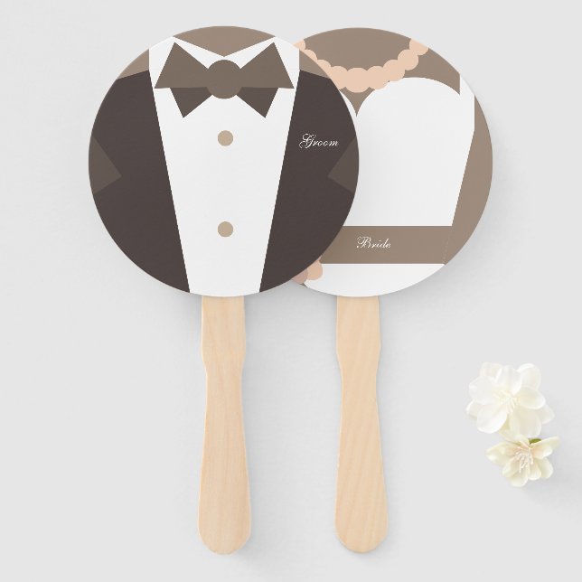 Monogram. Bride Wedding  Gown & Groom Tuxedo Hand Fan (Front and Back)