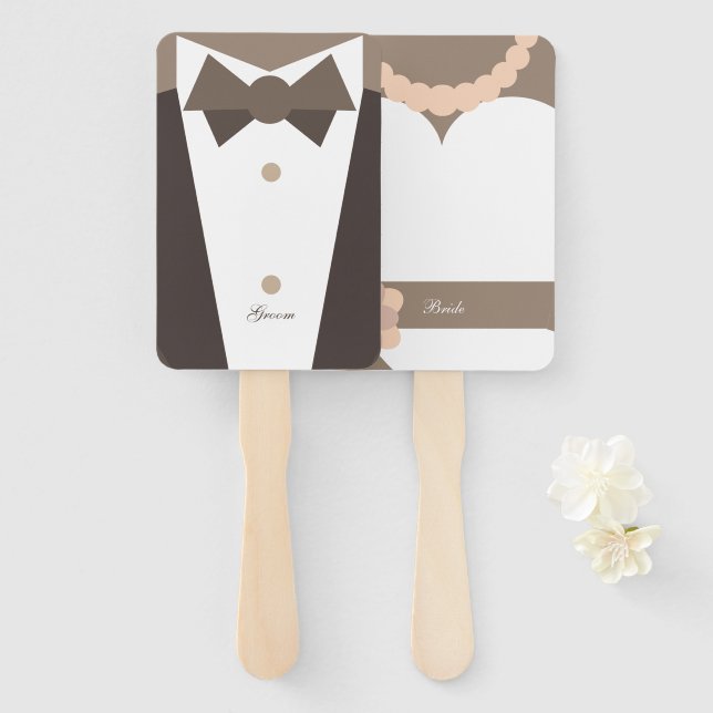 Monogram. Bride Wedding  Gown & Groom Tuxedo Hand Fan (Front and Back)