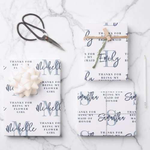 Monogram Bridesmaid Flower Girl Maid Honor Blue Wrapping Paper Sheets