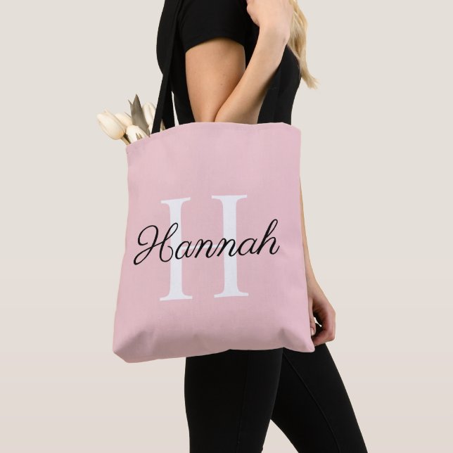 Monogram Bridesmaid Gift with Name Pink Tote Bag (Close Up)