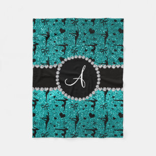 Monogram bright aqua glitter gymnastics hearts fleece blanket