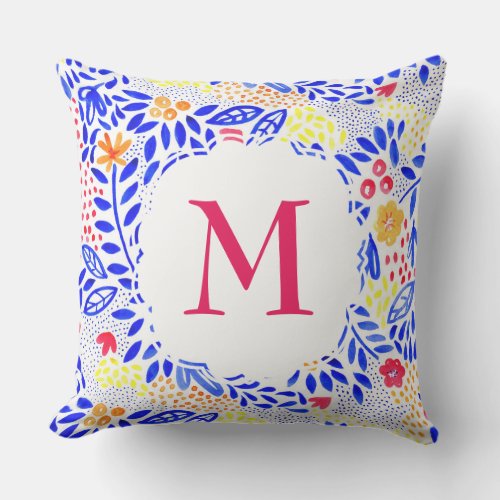 Monogram Bright Blue Floral Pattern Throw Pillow