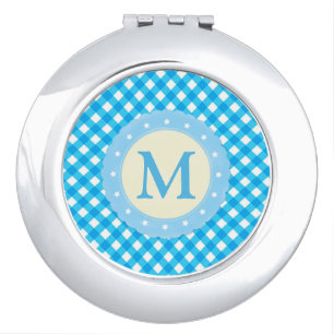 Monogram Bright Blue Gingham Pattern Compact Mirror