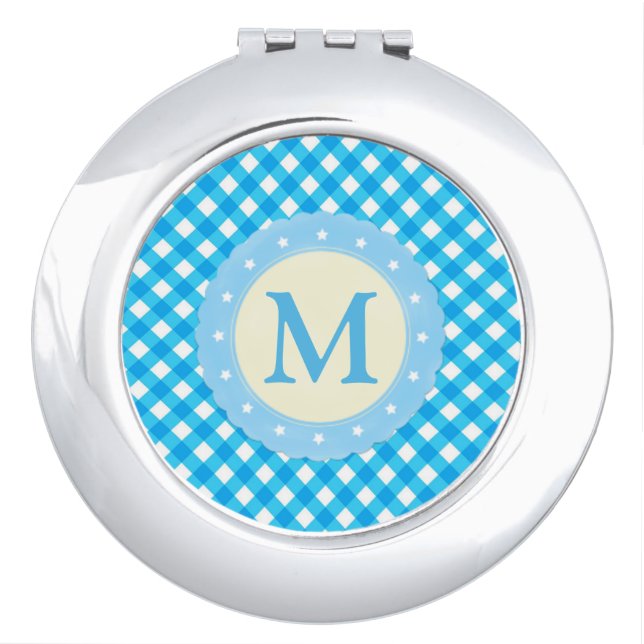 Monogram Bright Blue Gingham Pattern Compact Mirror (Front)