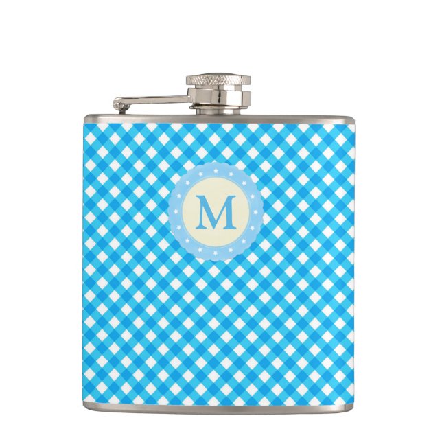 Monogram Bright Blue Gingham Pattern Flask (Front)