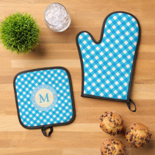 Monogram Bright Blue Gingham Pattern Oven Mitt & Pot Holder Set