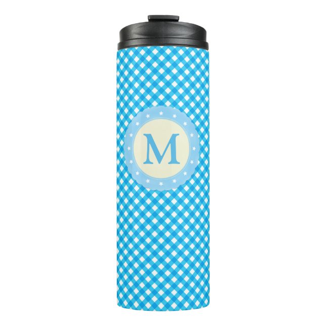 Monogram Bright Blue Gingham Pattern Thermal Tumbler (Front)