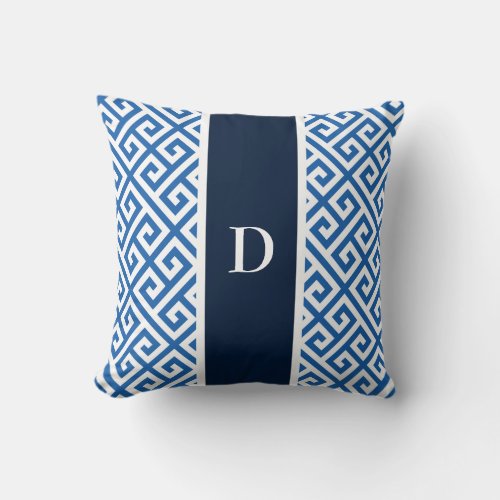 Monogram Bright Blue Greek Key Patterned Throw Pillow