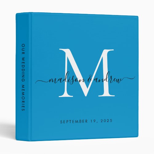 Monogram Bright Ocean Blue Script Wedding Album 3 Ring Binder