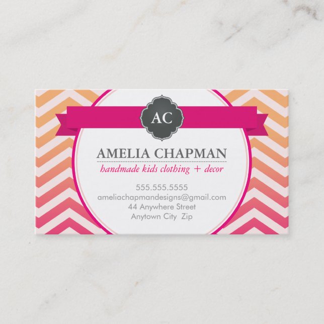 MONOGRAM bright ombre chevron pattern pink orange Business Card (Front)
