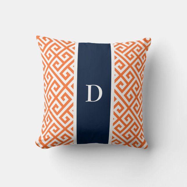 Monogram Bright Orange Greek Key Patterned Throw Pillow (Front)