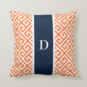 Monogram Bright Orange Greek Key Patterned Throw Pillow