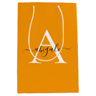 Monogram Bright Orange Minimalist Elegant Medium Gift Bag
