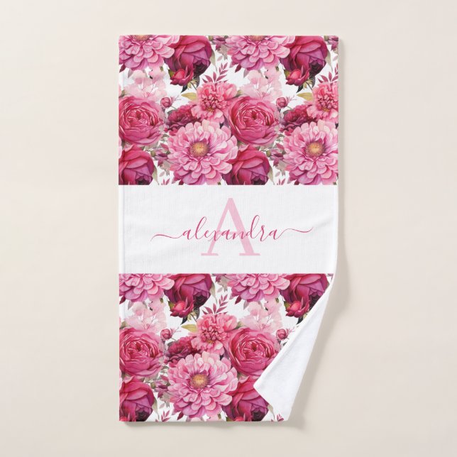 Monogram Bright Pink Floral Elegant Towel Set (Hand Towel)