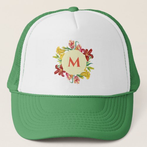Monogram Bright Spring Flowers Wreath Illustration Trucker Hat