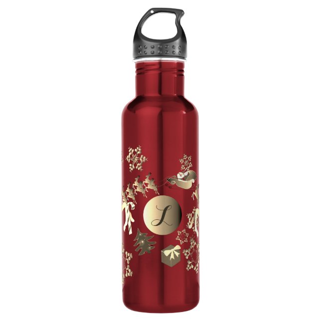 Monogram Bronze-like Santa's Reindeer & Snowflakes Stainless Steel Water Bottle (Front)