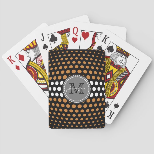 Monogram Bronze & White Polka Dots Pattern Poker Cards (Back)