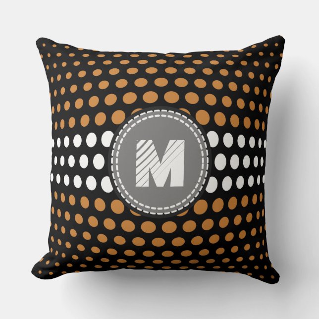 Monogram Bronze & White Polka Dots Pattern Throw Pillow (Front)