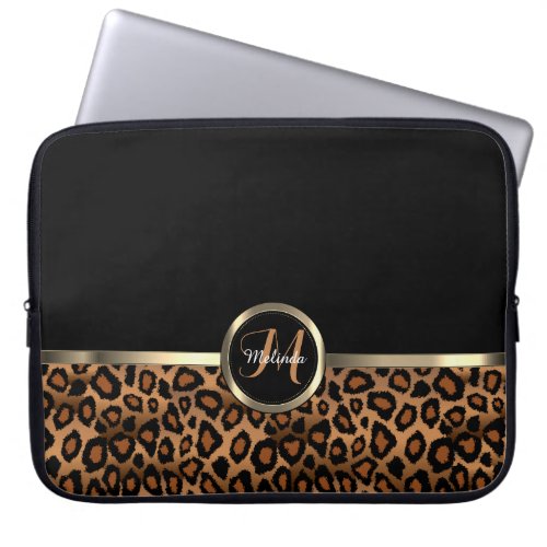 Monogram Brown and Black Leopard with Gold Accents Laptop Sleeve