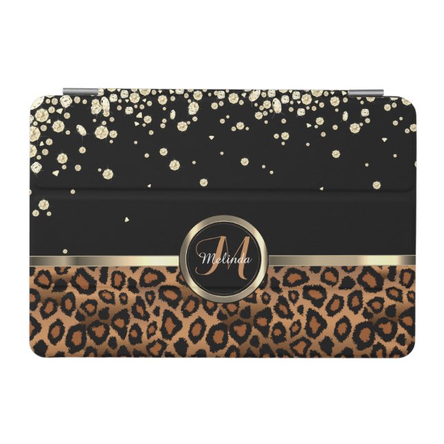 Monogram Brown and Black Leopard with Gold Diamond iPad Mini Cover (Horizontal)