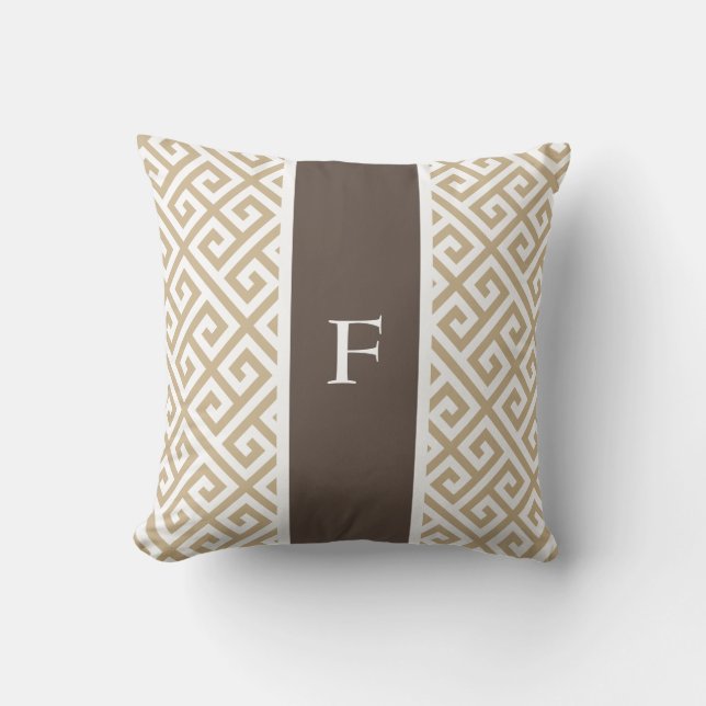 Monogram Brown Beige Greek Key Patterned Throw Pillow (Front)