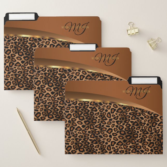 Monogram Brown, Black and Gold Leopard File Folder (Set)