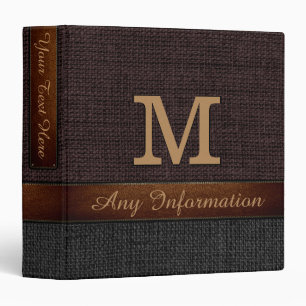 Monogram Brown & Black Burlap Rustic Jute 3 Ring Binder
