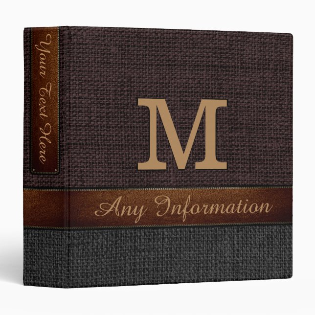 Monogram Brown & Black Burlap Rustic Jute 3 Ring Binder (Front/Spine)