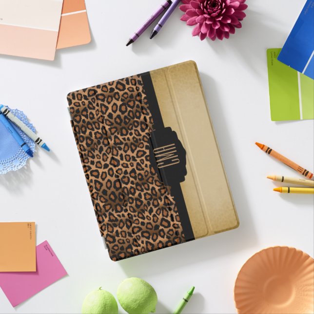 Monogram Brown & Black Leopard Animal Pattern iPad Smart Cover (In Situ)