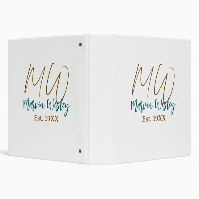 Monogram brown blue turquoise est.year simple mini 3 ring binder (Background)