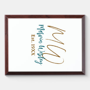 Monogram brown blue turquoise est.year simple mini award plaque