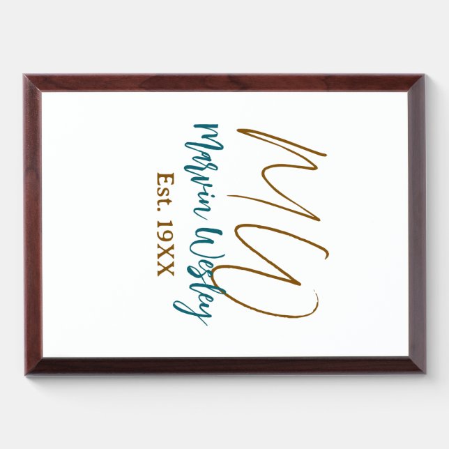 Monogram brown blue turquoise est.year simple mini award plaque (Horizontal)
