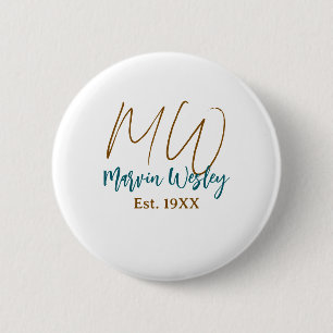 Monogram brown blue turquoise est.year simple mini button