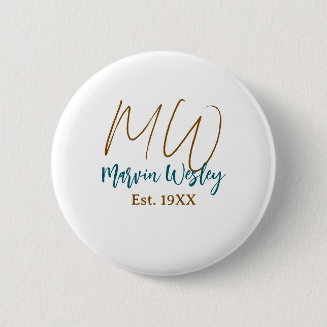 Monogram brown blue turquoise est.year simple mini button (Front)