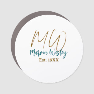 Monogram brown blue turquoise est.year simple mini car magnet