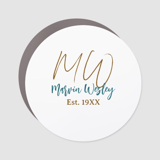 Monogram brown blue turquoise est.year simple mini car magnet (Front)