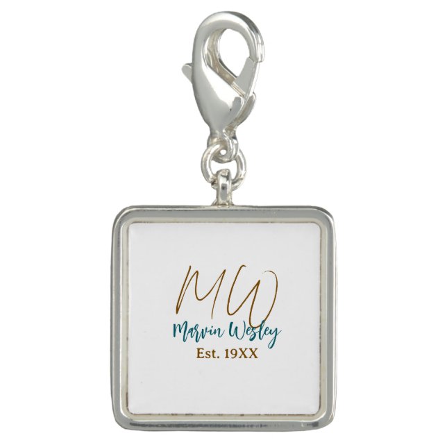Monogram brown blue turquoise est.year simple mini charm (Front)