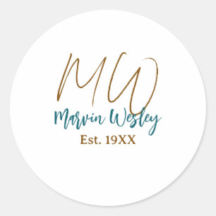 Monogram brown blue turquoise est.year simple mini classic round sticker