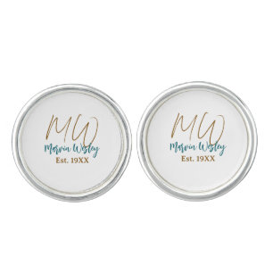 Monogram brown blue turquoise est.year simple mini cufflinks