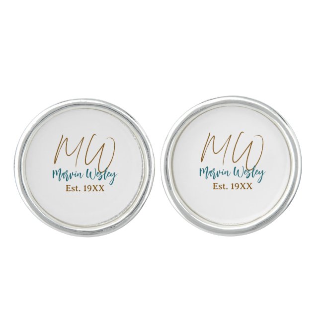 Monogram brown blue turquoise est.year simple mini cufflinks (Front)
